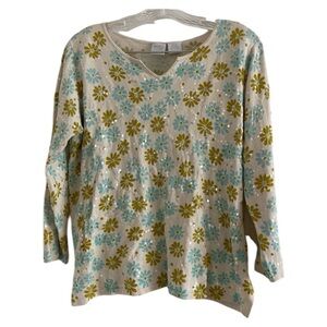 MARY JANE by Marcasiano Women’s Floral Cream Silk Nylon Sequins Blouse-Size L